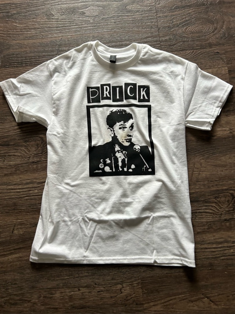 White Graphic Tee with Black Photo Print Young ones  Rik Mayall